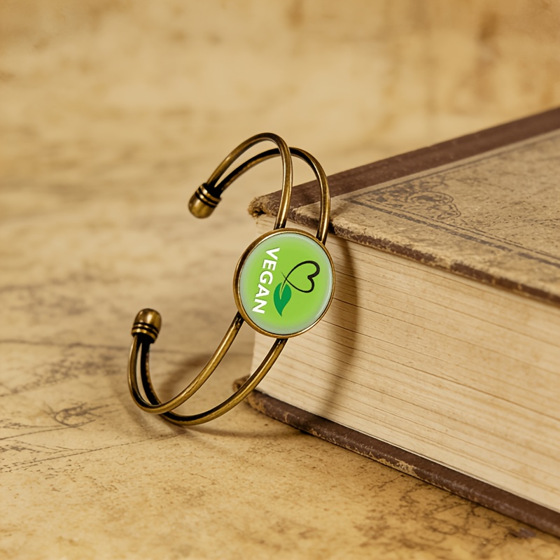 Antique Cyan Double-Layer Adjustable Bracelet with Green Heart Badge